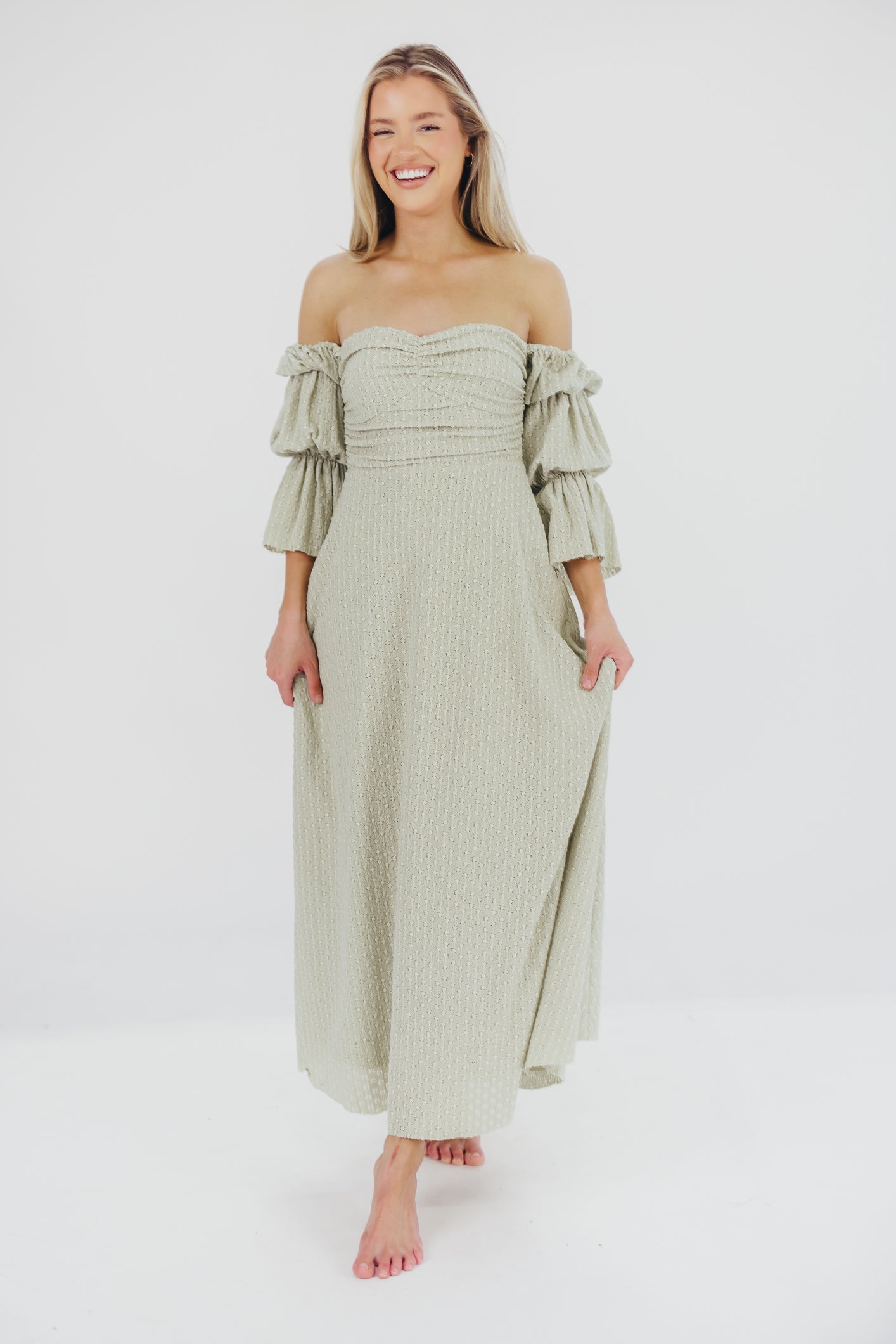 Corrine Tiered Sleeve Maxi Dress with Pockets in Light Olive Green - Bump Friendly