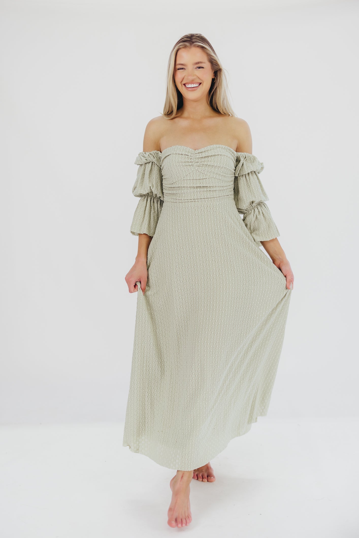 Corrine Tiered Sleeve Maxi Dress with Pockets in Light Olive Green - Bump Friendly