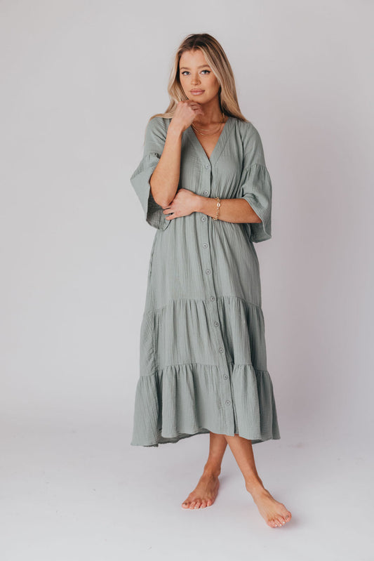 Bea 100% Cotton Tiered Button-Up Midi Dress in Pistachio - Nursing Friendly