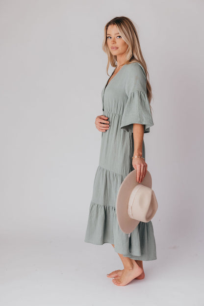 Bea 100% Cotton Tiered Button-Up Midi Dress in Pistachio - Nursing Friendly