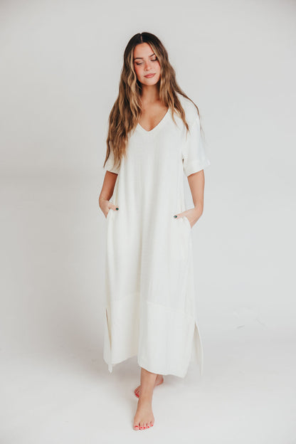 Fallon Linen-Blend Collared Midi Dress in Ivory - Bump Friendly