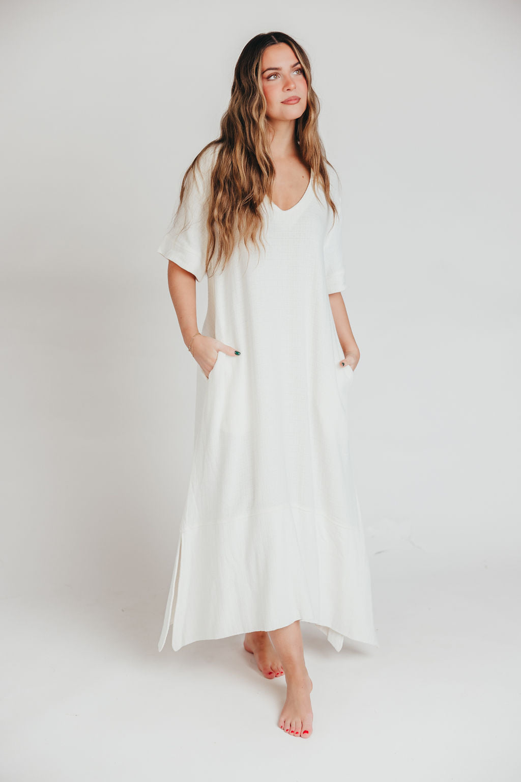 Fallon Linen-Blend Collared Midi Dress in Ivory - Bump Friendly