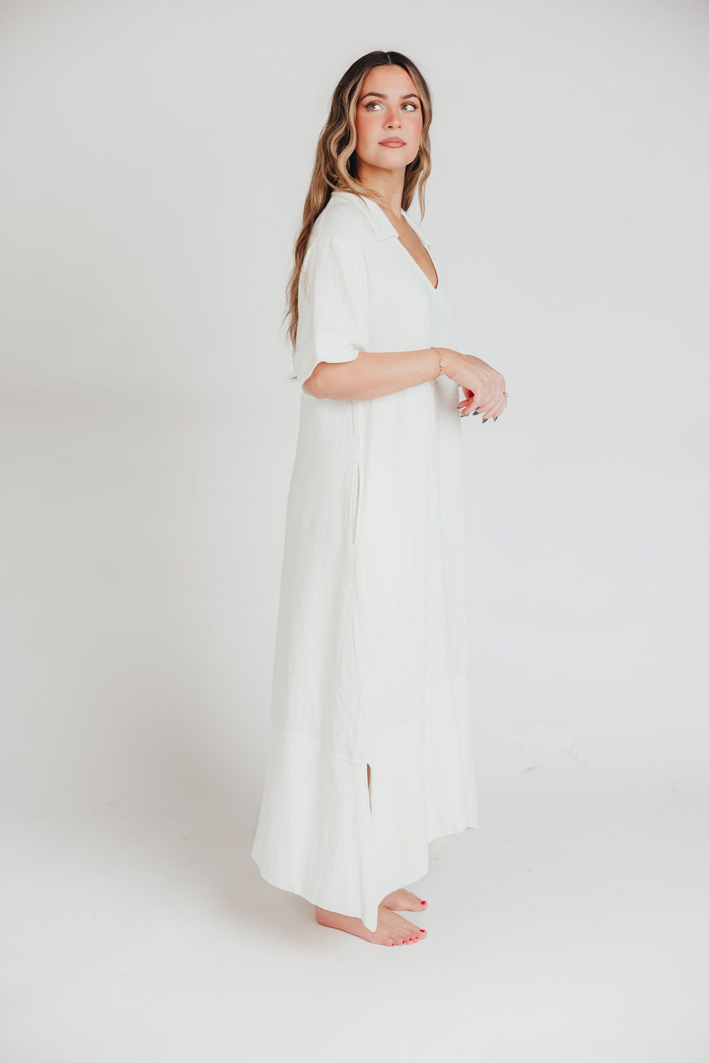 Fallon Linen-Blend Collared Midi Dress in Ivory - Bump Friendly