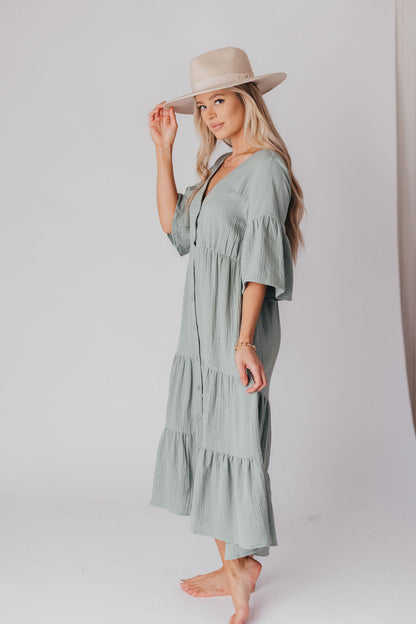 Bea 100% Cotton Tiered Button-Up Midi Dress in Pistachio - Nursing Friendly