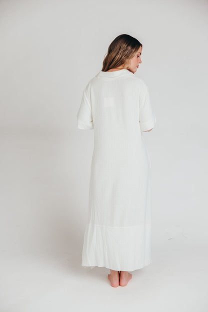 Fallon Linen-Blend Collared Midi Dress in Ivory - Bump Friendly