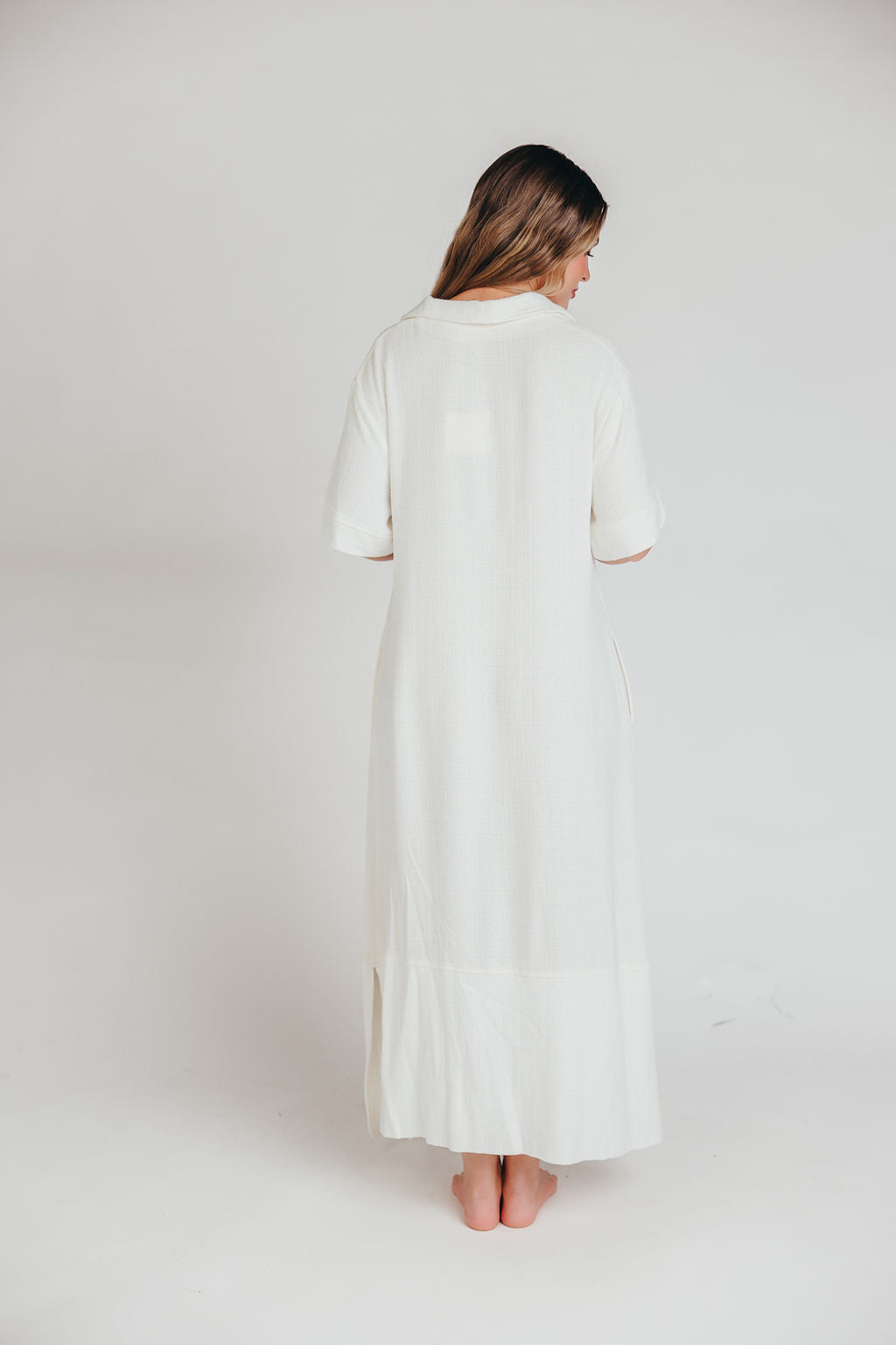 Fallon Linen-Blend Collared Midi Dress in Ivory - Bump Friendly