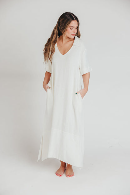 Fallon Linen-Blend Collared Midi Dress in Ivory - Bump Friendly