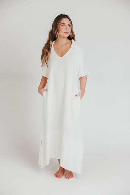 Fallon Linen-Blend Collared Midi Dress in Ivory - Bump Friendly