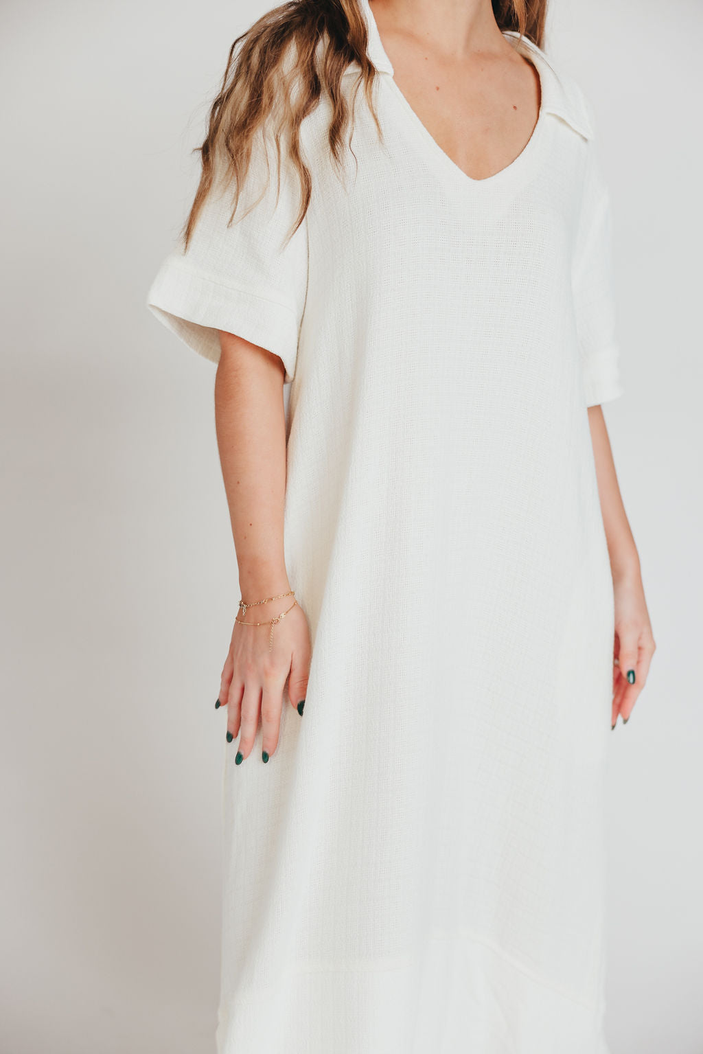 Fallon Linen-Blend Collared Midi Dress in Ivory - Bump Friendly