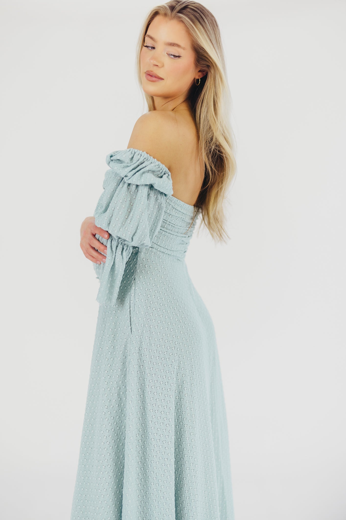 Corrine Tiered Sleeve Maxi Dress with Pockets in Teal Blue - Bump Friendly