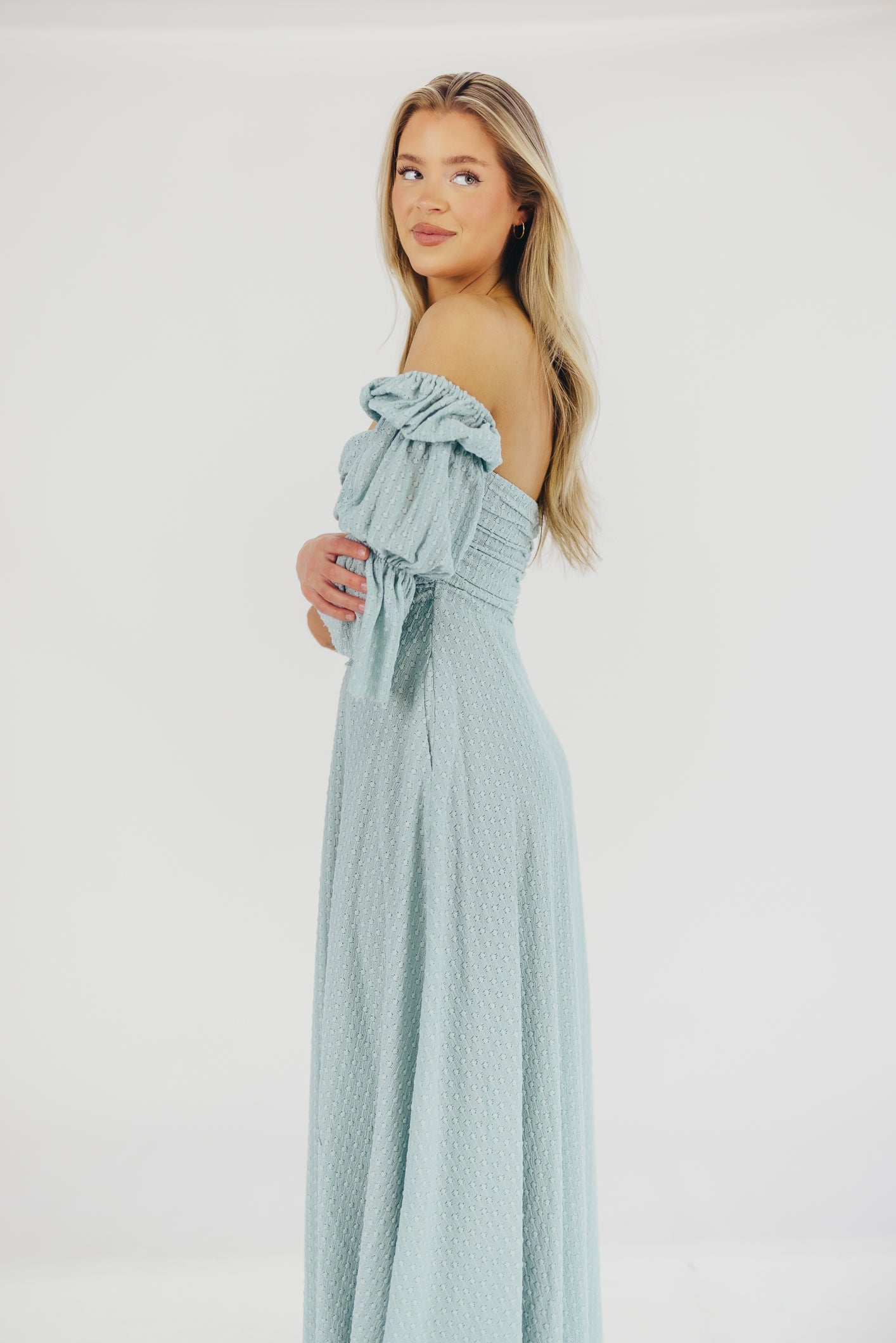 Corrine Tiered Sleeve Maxi Dress with Pockets in Teal Blue - Bump Friendly