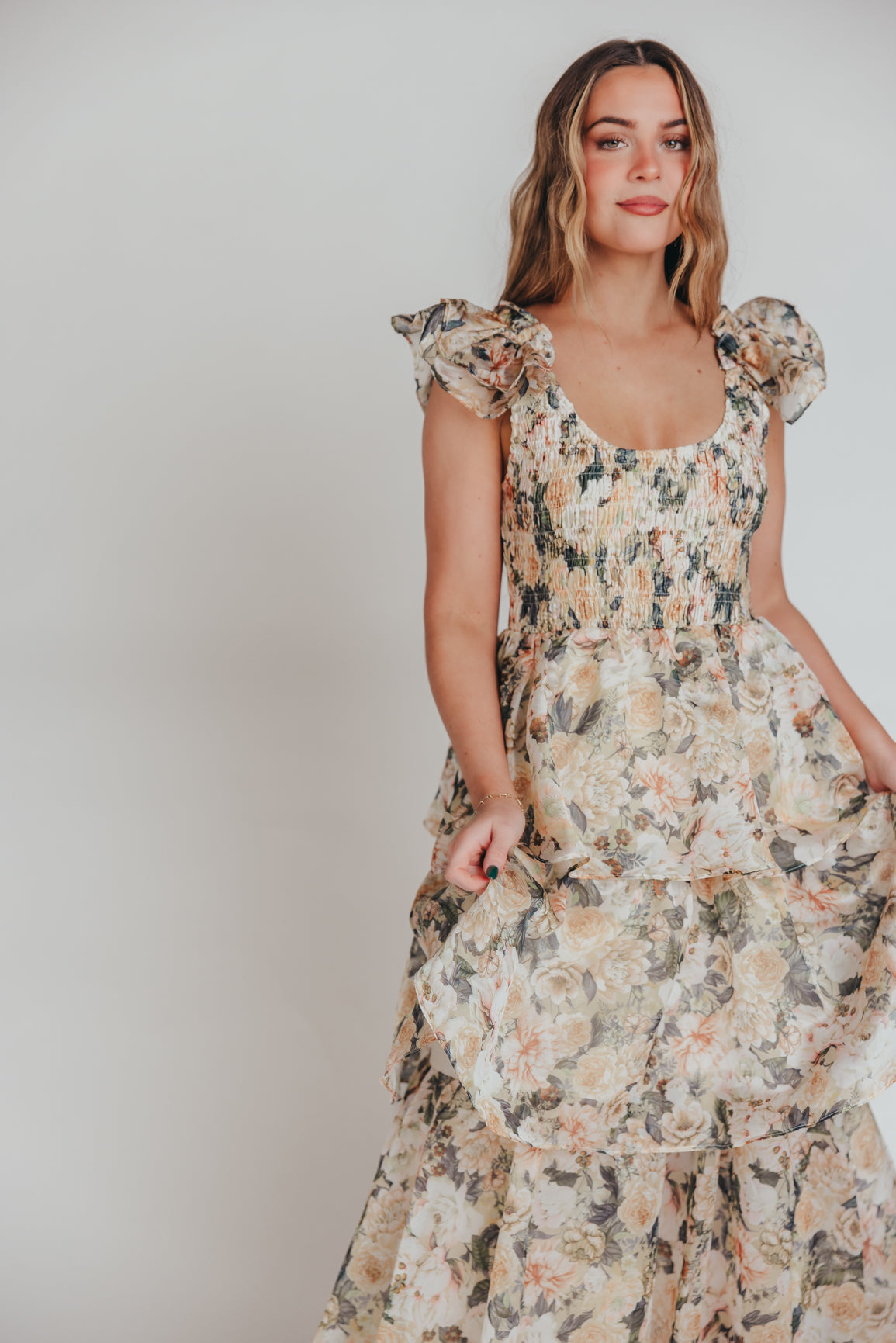 Forever & Always Midi Dress in Champagne Floral - Bump Friendly & Inclusive Sizing (S-3XL)