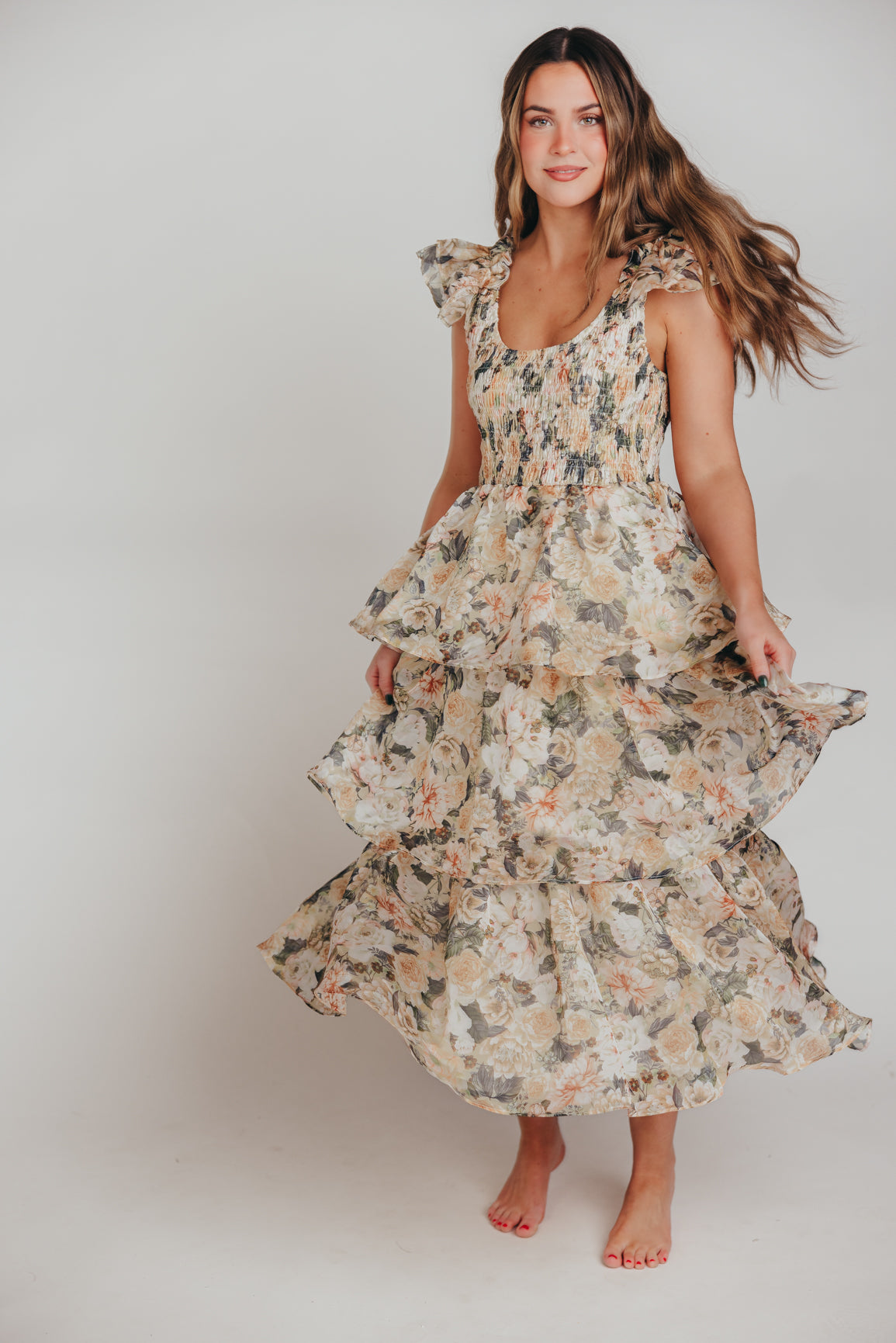 Forever & Always Midi Dress in Champagne Floral - Bump Friendly & Inclusive Sizing (S-3XL)