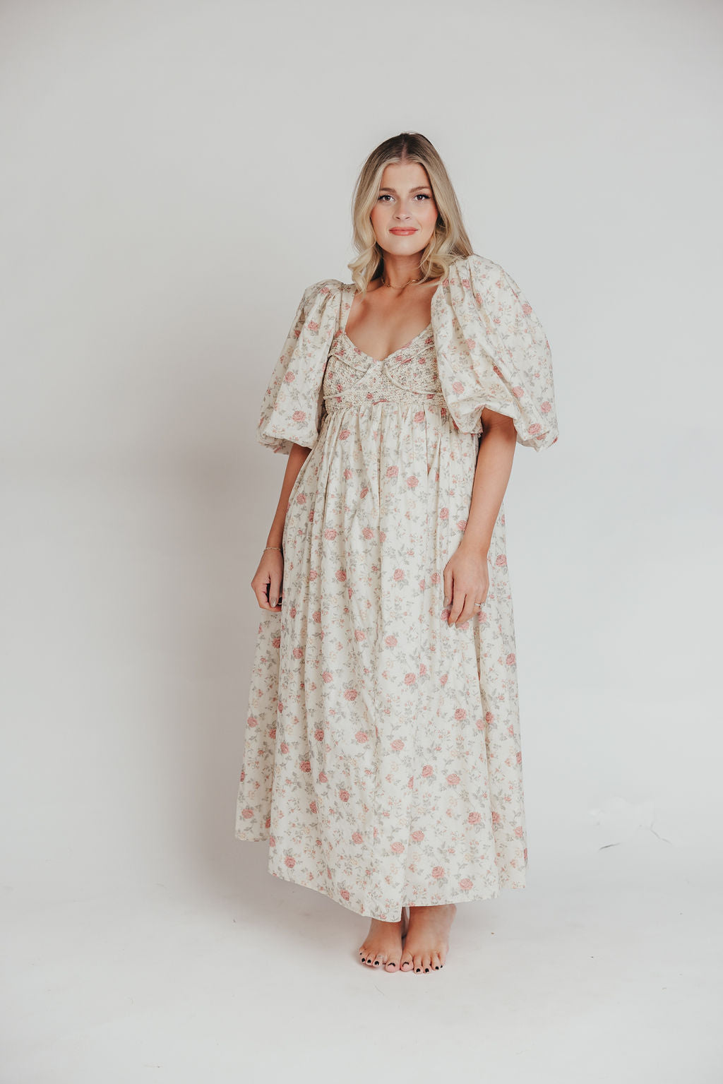 Harlow Maxi Dress in Off-White Floral - Bump Friendly & Inclusive Sizing (S-3XL)