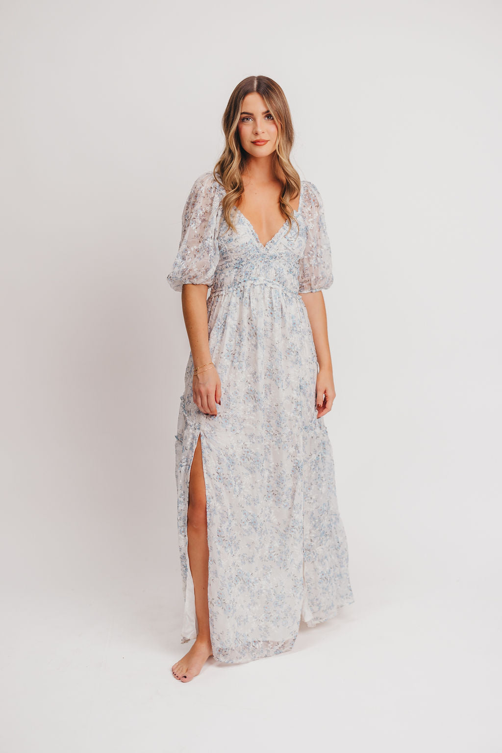 Daphne High Slit Eyelet Detail Maxi Dress in Blue and White Floral - Inclusive Sizing (S-3XL)