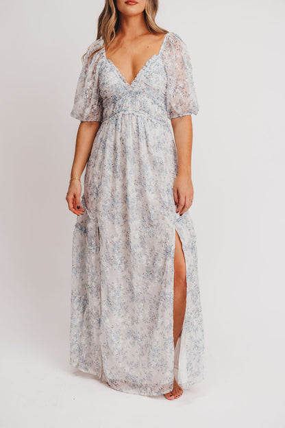 Daphne High Slit Eyelet Detail Maxi Dress in Blue and White Floral - Inclusive Sizing (S-3XL)