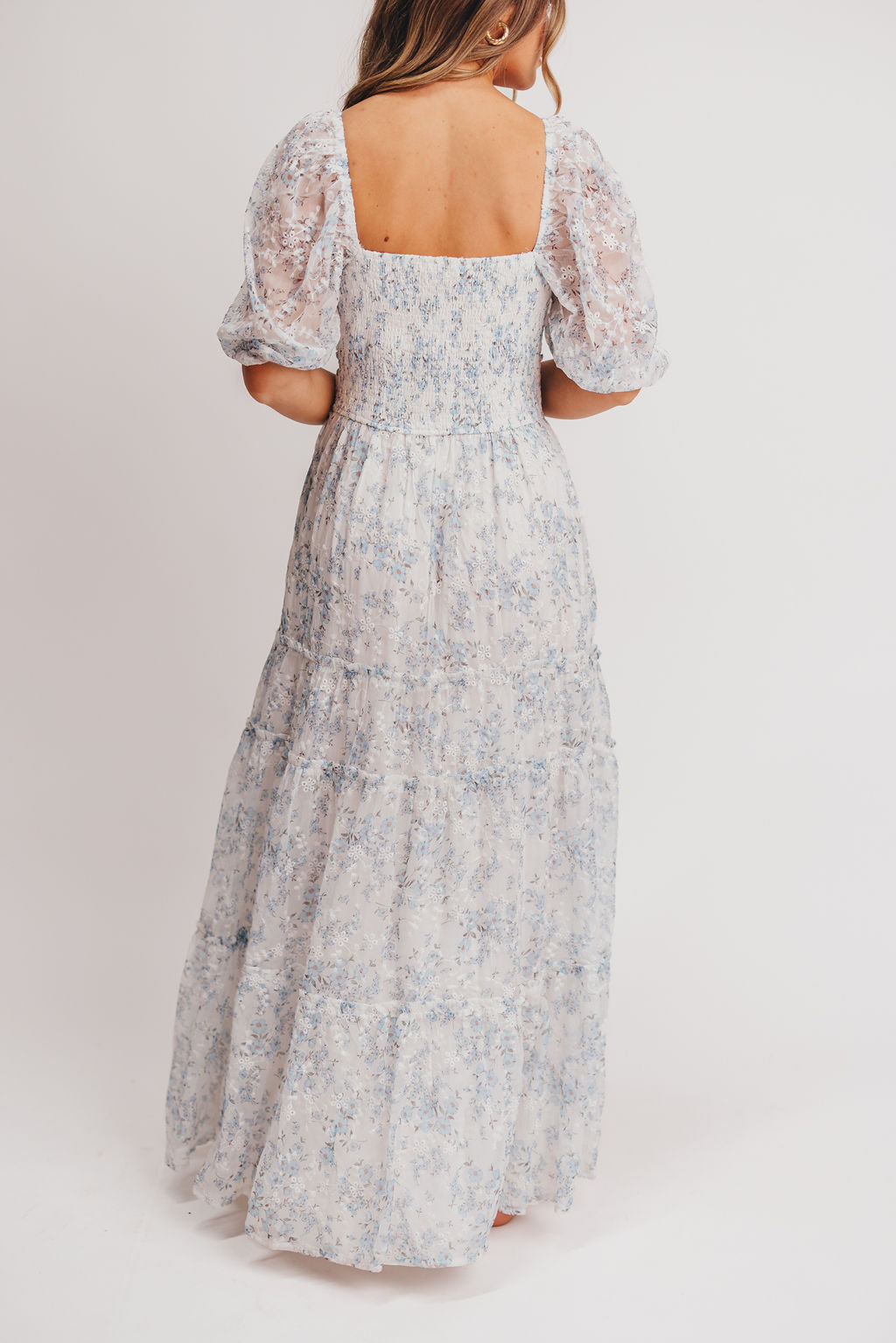 Daphne High Slit Eyelet Detail Maxi Dress in Blue and White Floral - Inclusive Sizing (S-3XL)