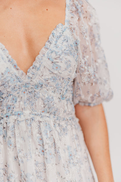 Daphne High Slit Eyelet Detail Maxi Dress in Blue and White Floral - Inclusive Sizing (S-3XL)