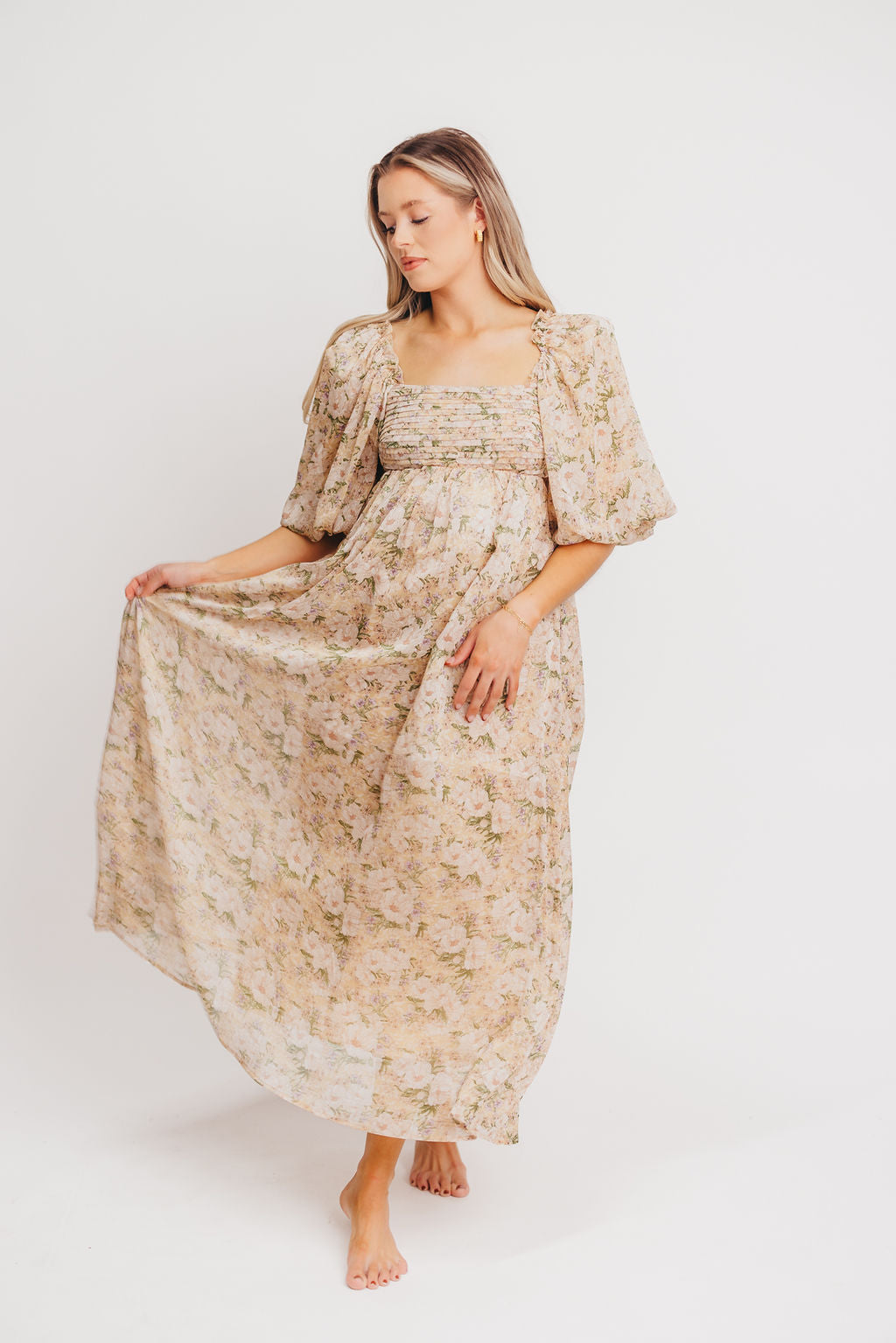 Melody Maxi Dress with Pleats and Bow Detail in Winter Floral - Bump Friendly & Inclusive Sizing (S-3XL)