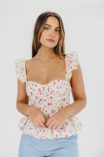 Baylin Peplum Top in White/Red Floral