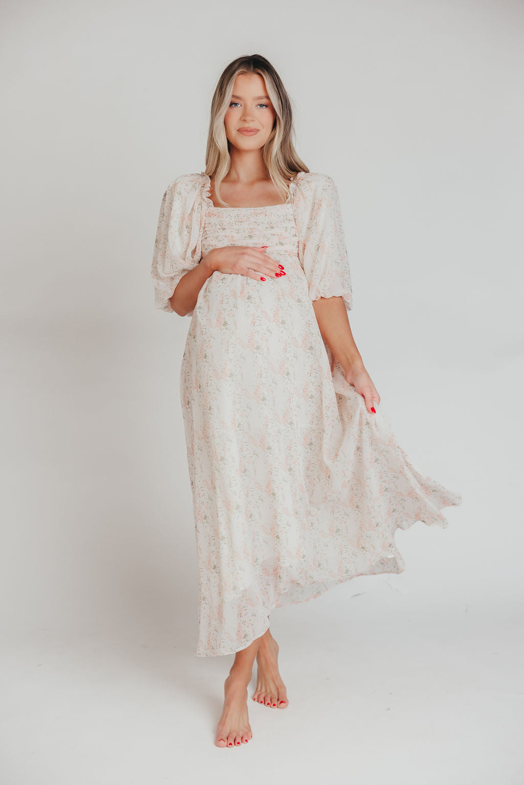 Melody Maxi Dress with Pleats and Bow Detail in Blush Floral - Bump Friendly & Inclusive Sizing (S-3XL)