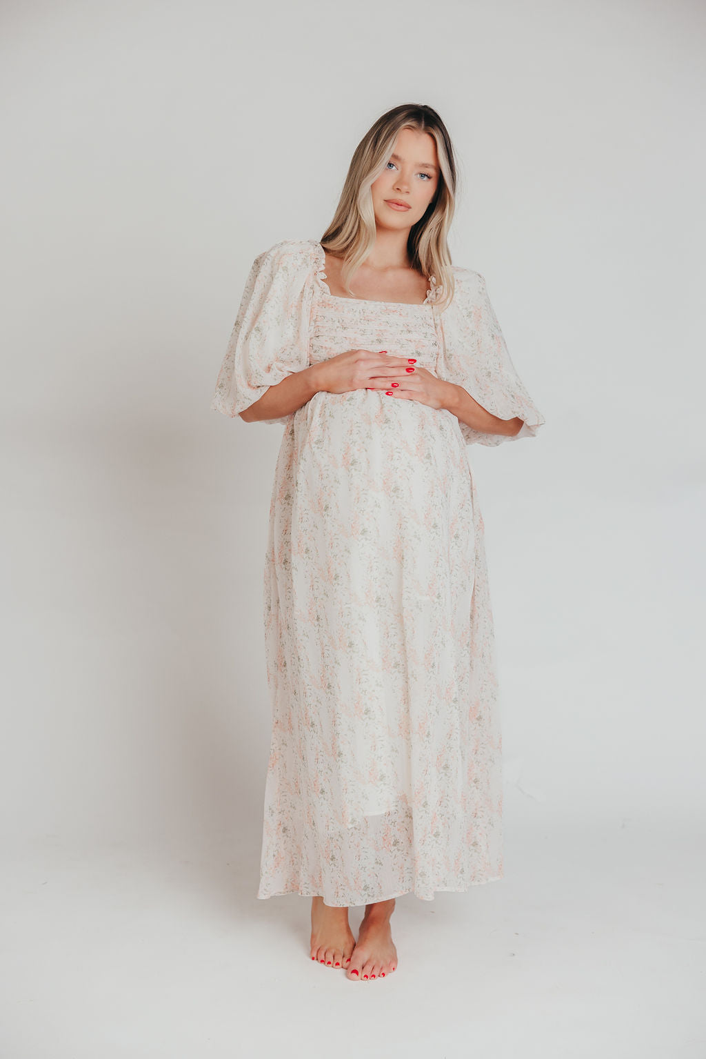 Melody Maxi Dress with Pleats and Bow Detail in Blush Floral - Bump Friendly & Inclusive Sizing (S-3XL)