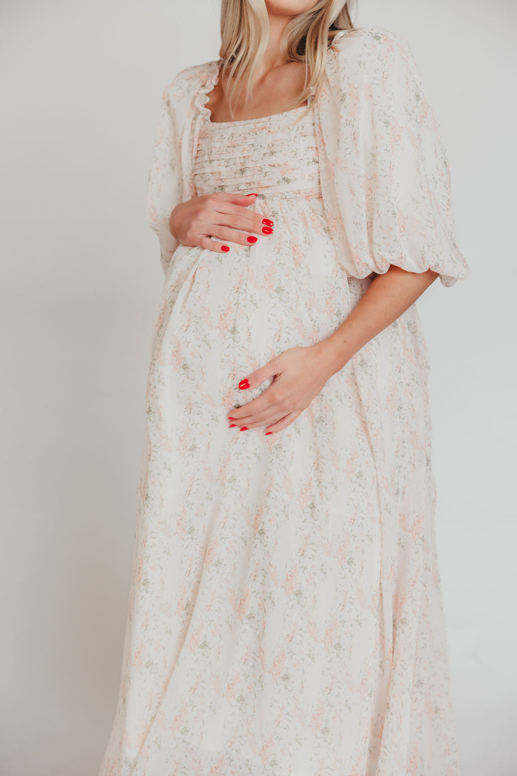 Melody Maxi Dress with Pleats and Bow Detail in Blush Floral - Bump Friendly & Inclusive Sizing (S-3XL)