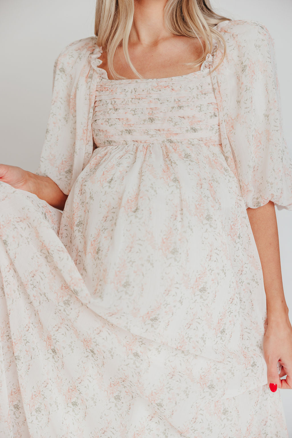 Melody Maxi Dress with Pleats and Bow Detail in Blush Floral - Bump Friendly & Inclusive Sizing (S-3XL)