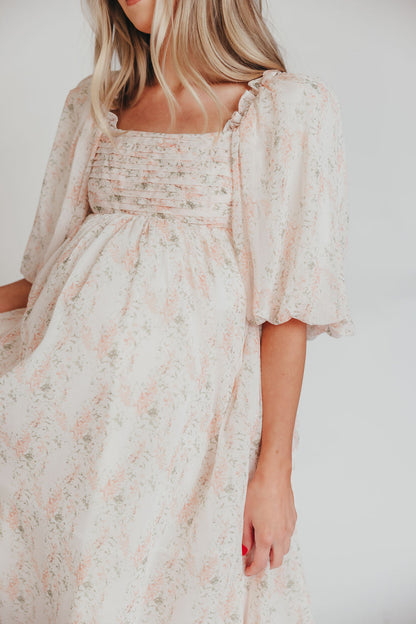 Melody Maxi Dress with Pleats and Bow Detail in Blush Floral - Bump Friendly & Inclusive Sizing (S-3XL)