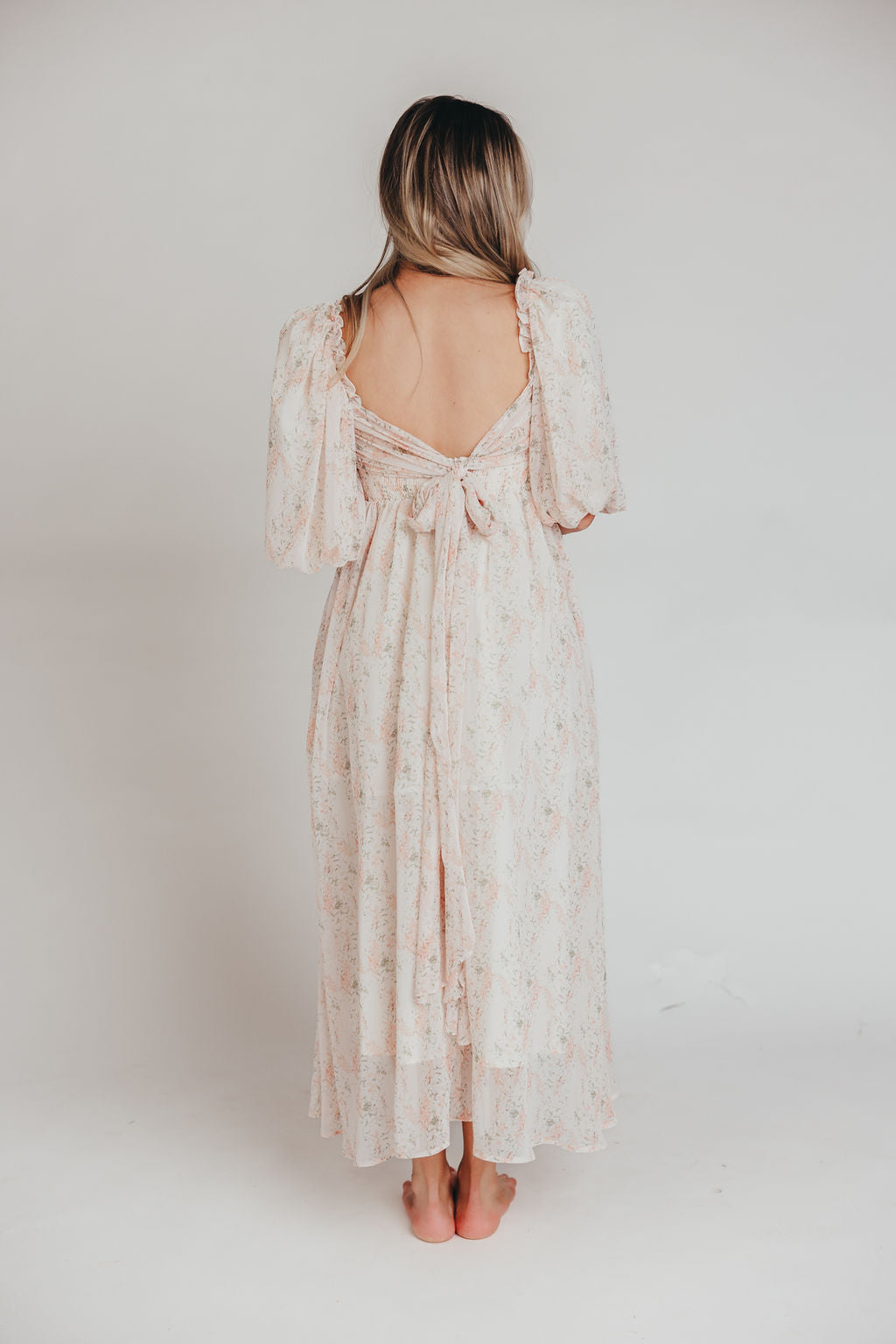 Melody Maxi Dress with Pleats and Bow Detail in Blush Floral - Bump Friendly & Inclusive Sizing (S-3XL)