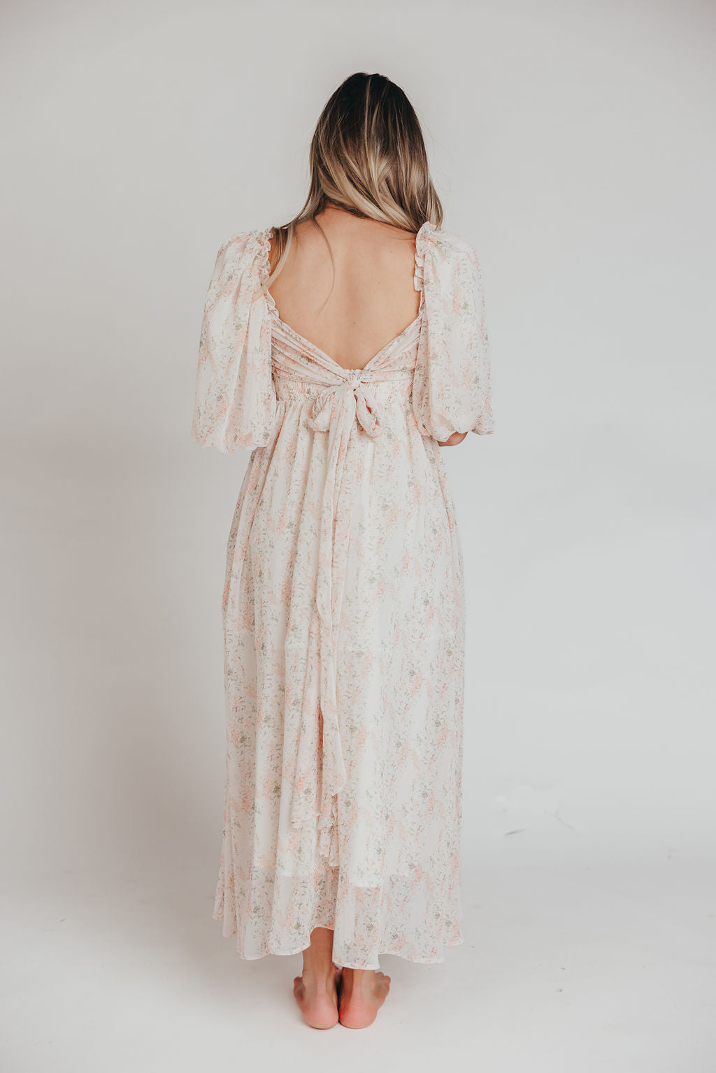 Melody Maxi Dress with Pleats and Bow Detail in Blush Floral - Bump Friendly & Inclusive Sizing (S-3XL)