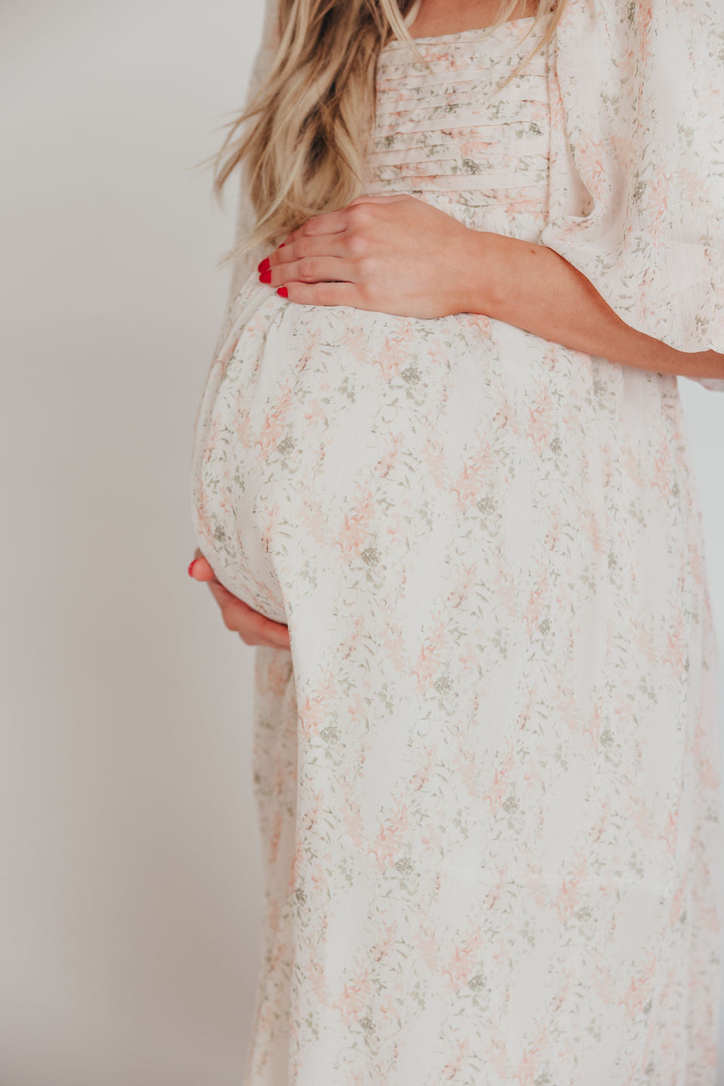 Melody Maxi Dress with Pleats and Bow Detail in Blush Floral - Bump Friendly & Inclusive Sizing (S-3XL)