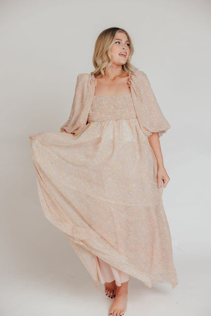 Melody Maxi Dress with Pleats and Bow Detail in Mauve Floral - Bump Friendly & Inclusive Sizing (S-3XL)