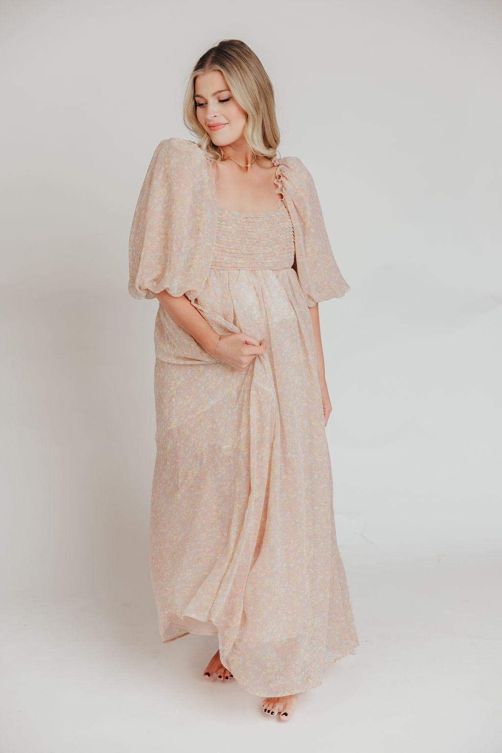 Melody Maxi Dress with Pleats and Bow Detail in Mauve Floral - Bump Friendly & Inclusive Sizing (S-3XL)