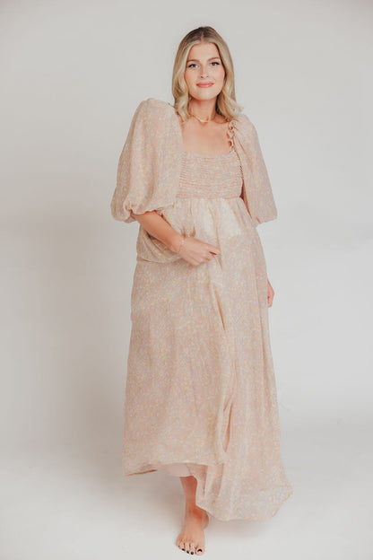 Melody Maxi Dress with Pleats and Bow Detail in Mauve Floral - Bump Friendly & Inclusive Sizing (S-3XL)