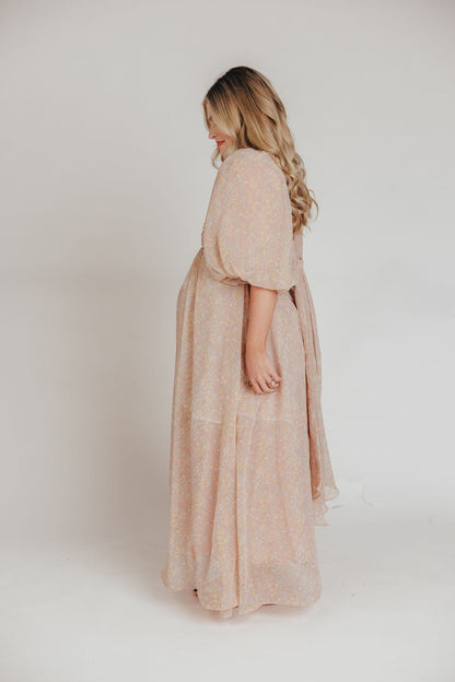 Melody Maxi Dress with Pleats and Bow Detail in Mauve Floral - Bump Friendly & Inclusive Sizing (S-3XL)