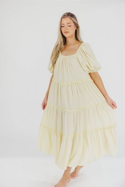 Eva Puffed Sleeve Maxi Dress in Pale Yellow - Bump Friendly & Inclusive Sizing (S-3XL)