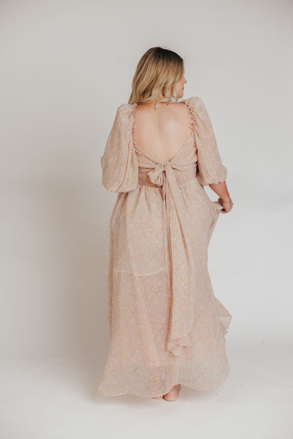 Melody Maxi Dress with Pleats and Bow Detail in Mauve Floral - Bump Friendly & Inclusive Sizing (S-3XL)