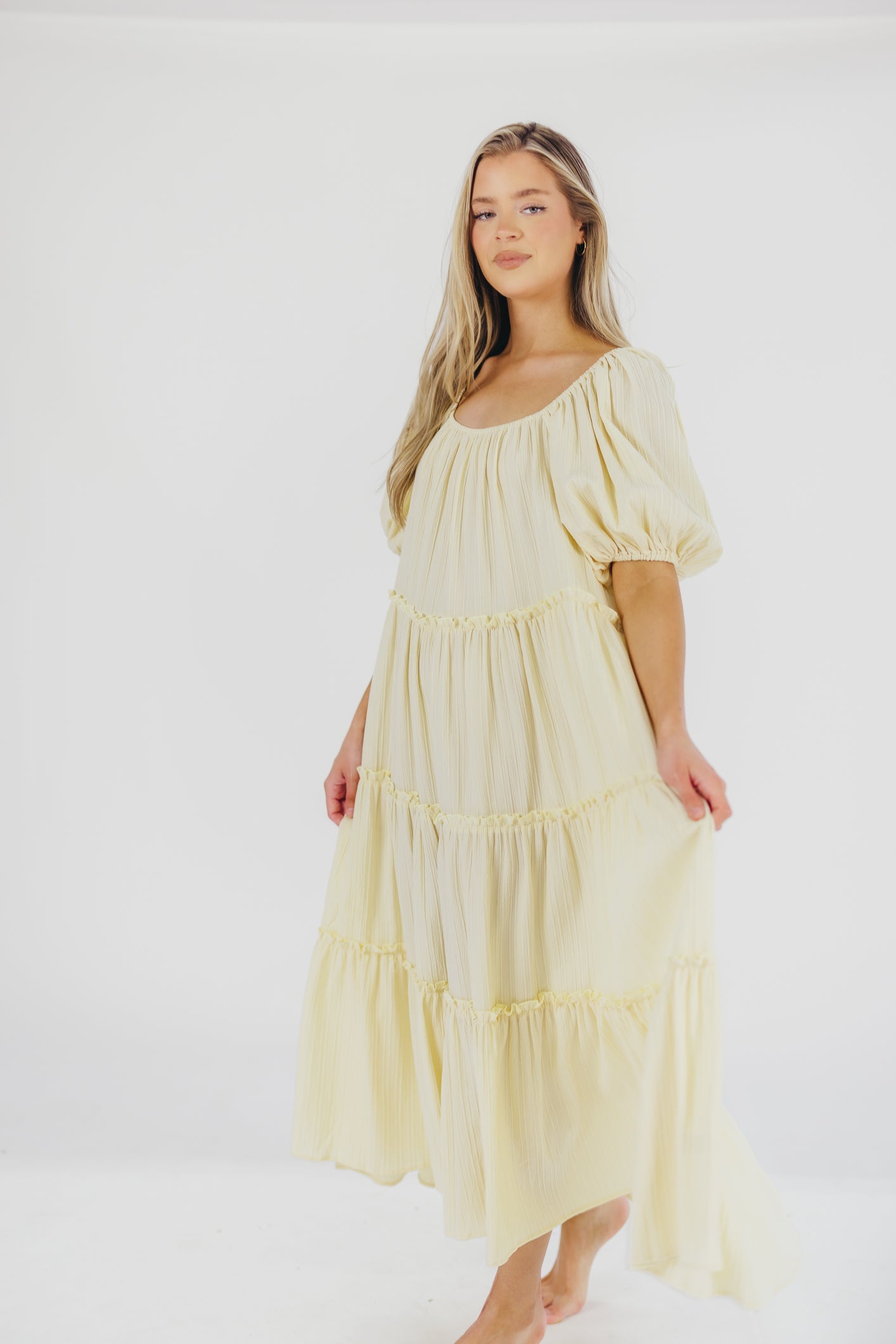 Eva Puffed Sleeve Maxi Dress in Pale Yellow - Bump Friendly & Inclusive Sizing (S-3XL)