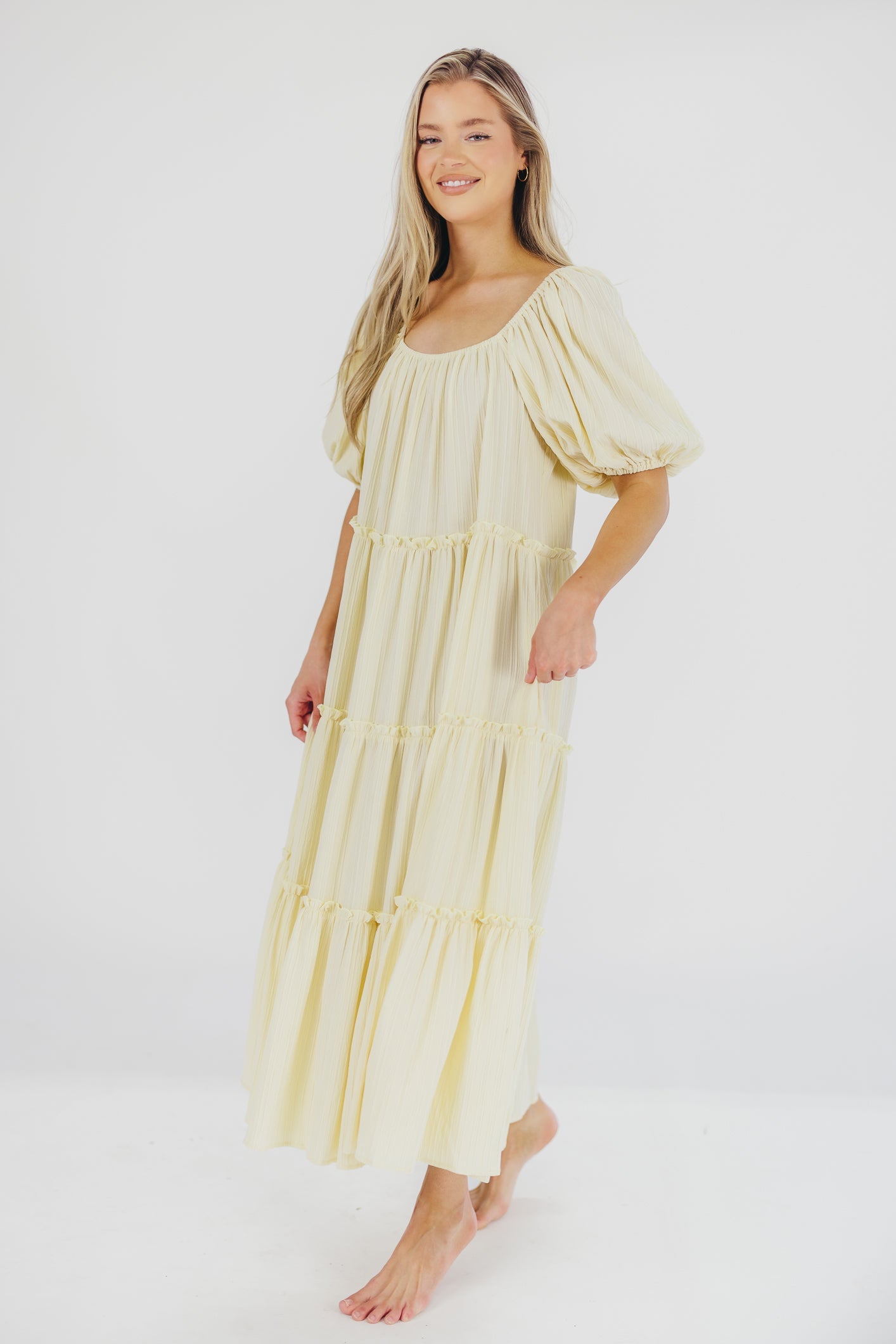 Eva Puffed Sleeve Maxi Dress in Pale Yellow - Bump Friendly & Inclusive Sizing (S-3XL)