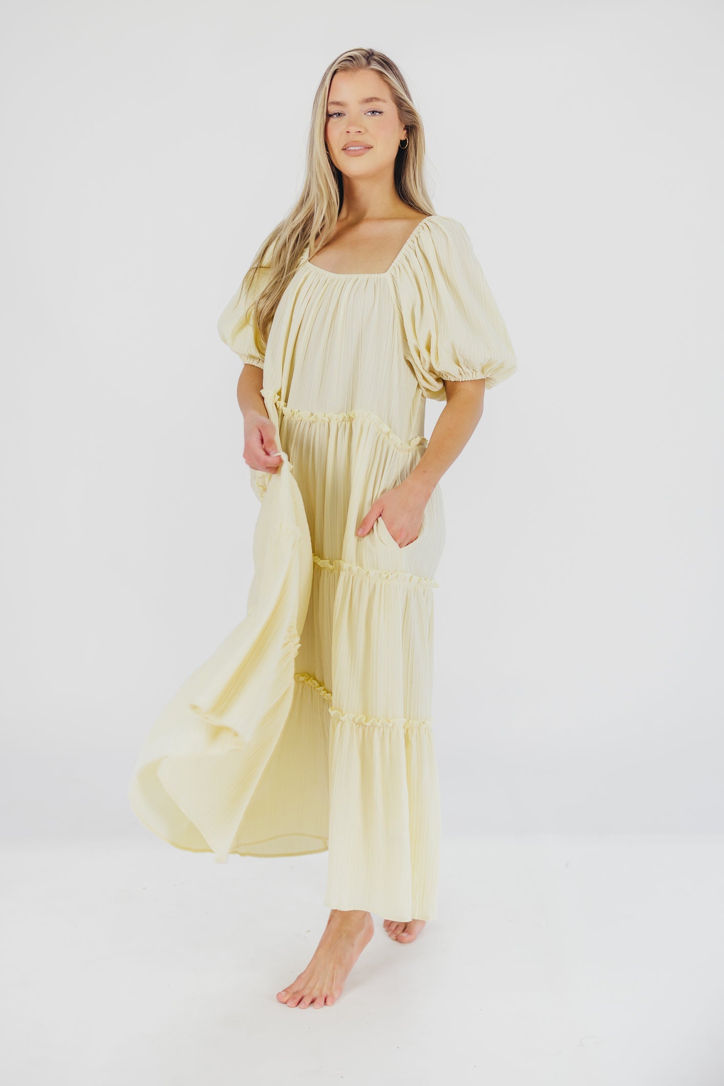 Eva Puffed Sleeve Maxi Dress in Pale Yellow - Bump Friendly & Inclusive Sizing (S-3XL)