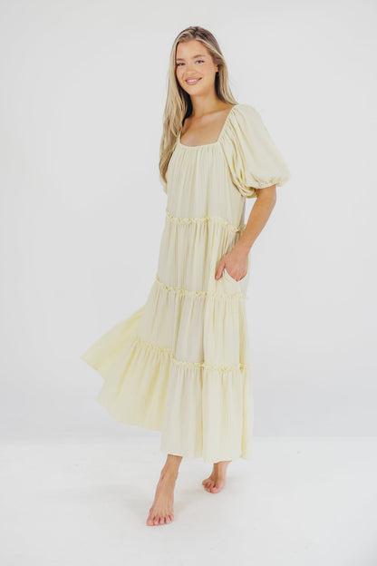 Eva Puffed Sleeve Maxi Dress in Pale Yellow - Bump Friendly & Inclusive Sizing (S-3XL)