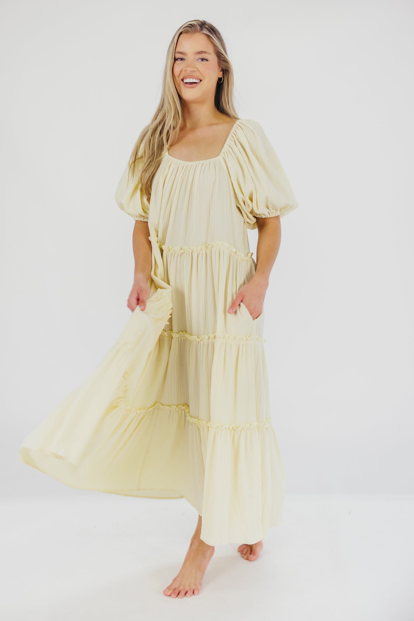 Eva Puffed Sleeve Maxi Dress in Pale Yellow - Bump Friendly & Inclusive Sizing (S-3XL)