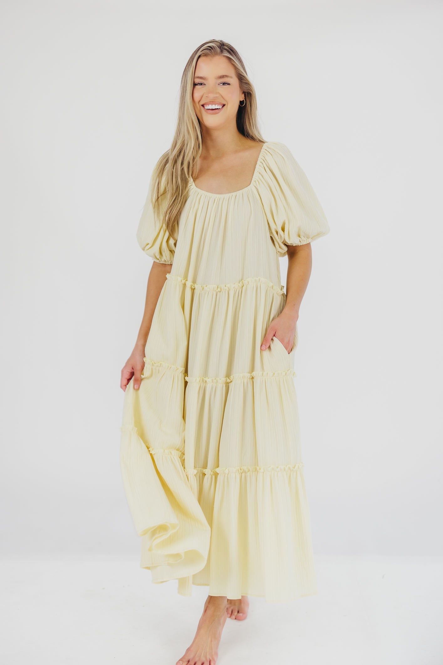 Eva Puffed Sleeve Maxi Dress in Pale Yellow - Bump Friendly & Inclusive Sizing (S-3XL)