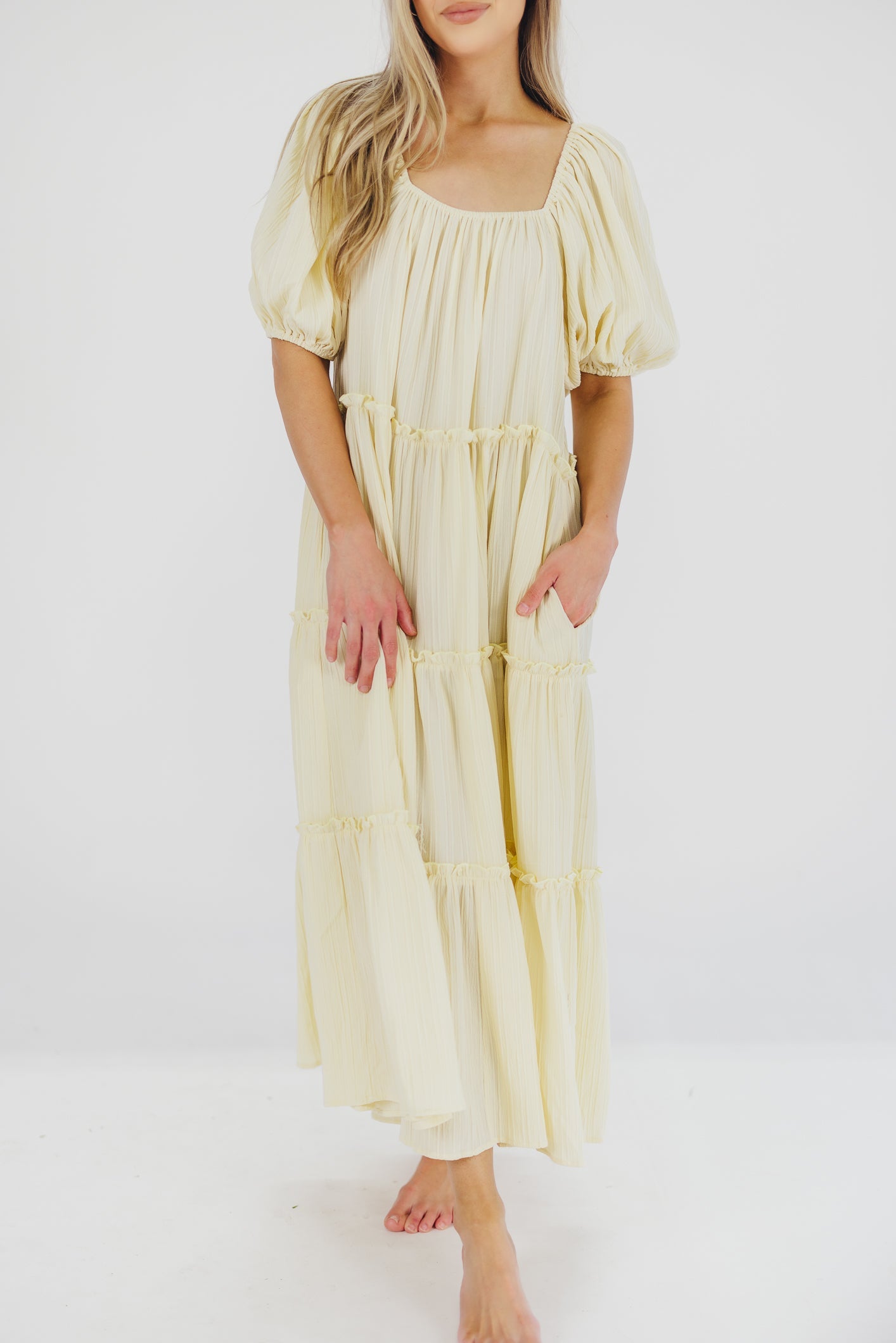 Eva Puffed Sleeve Maxi Dress in Pale Yellow - Bump Friendly & Inclusive Sizing (S-3XL)