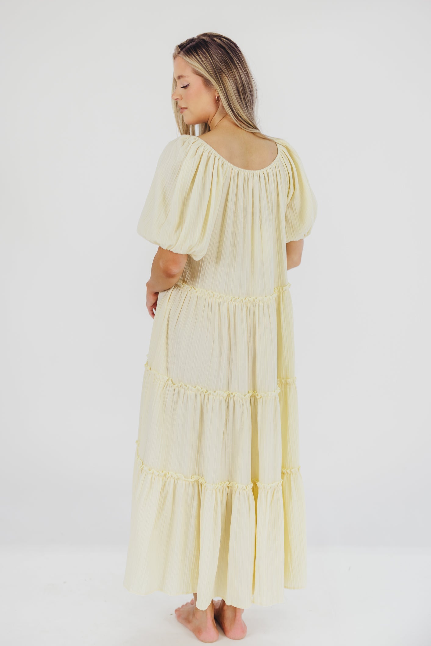 Eva Puffed Sleeve Maxi Dress in Pale Yellow - Bump Friendly & Inclusive Sizing (S-3XL)