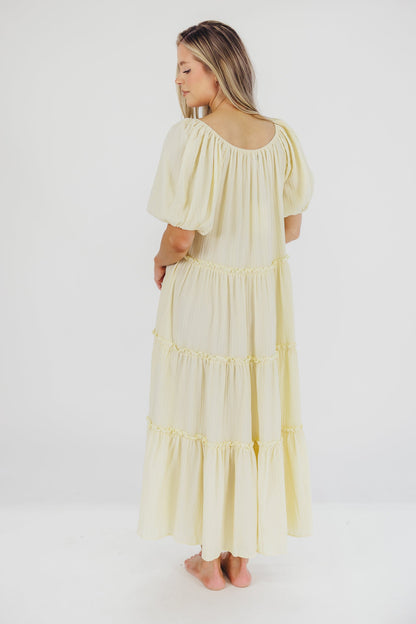 Eva Puffed Sleeve Maxi Dress in Pale Yellow - Bump Friendly & Inclusive Sizing (S-3XL)