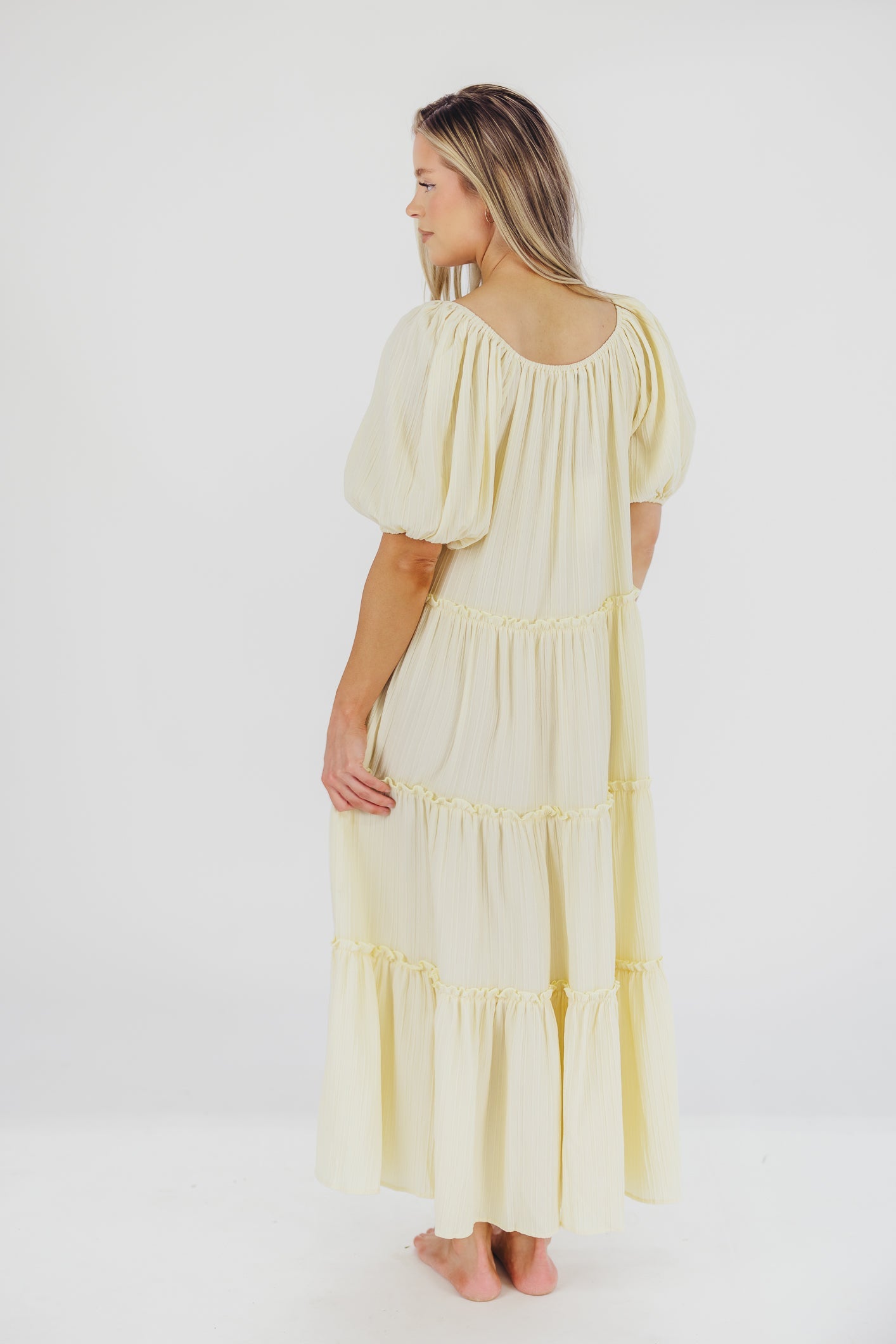 Eva Puffed Sleeve Maxi Dress in Pale Yellow - Bump Friendly & Inclusive Sizing (S-3XL)