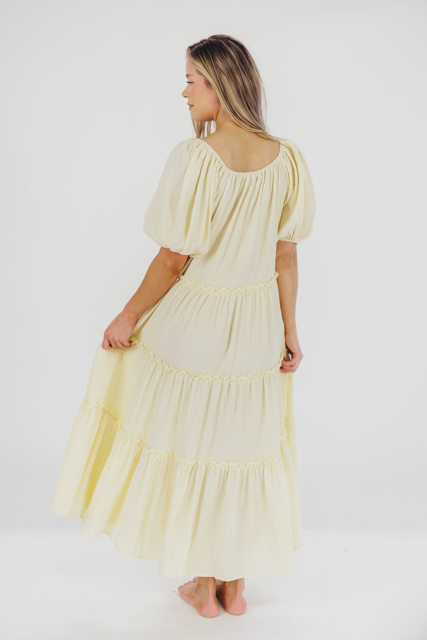 Eva Puffed Sleeve Maxi Dress in Pale Yellow - Bump Friendly & Inclusive Sizing (S-3XL)