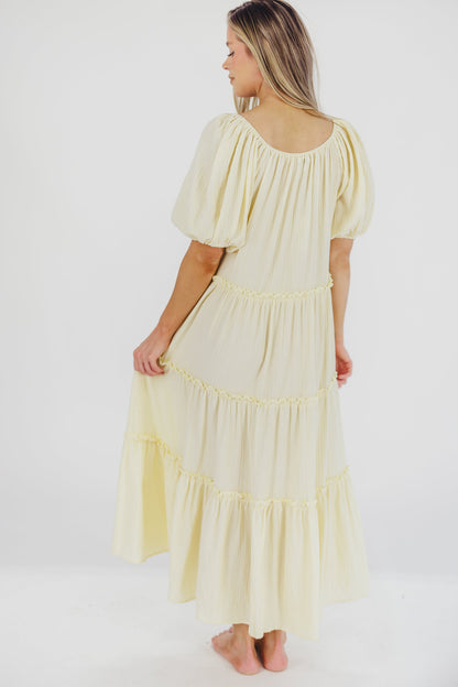 Eva Puffed Sleeve Maxi Dress in Pale Yellow - Bump Friendly & Inclusive Sizing (S-3XL)